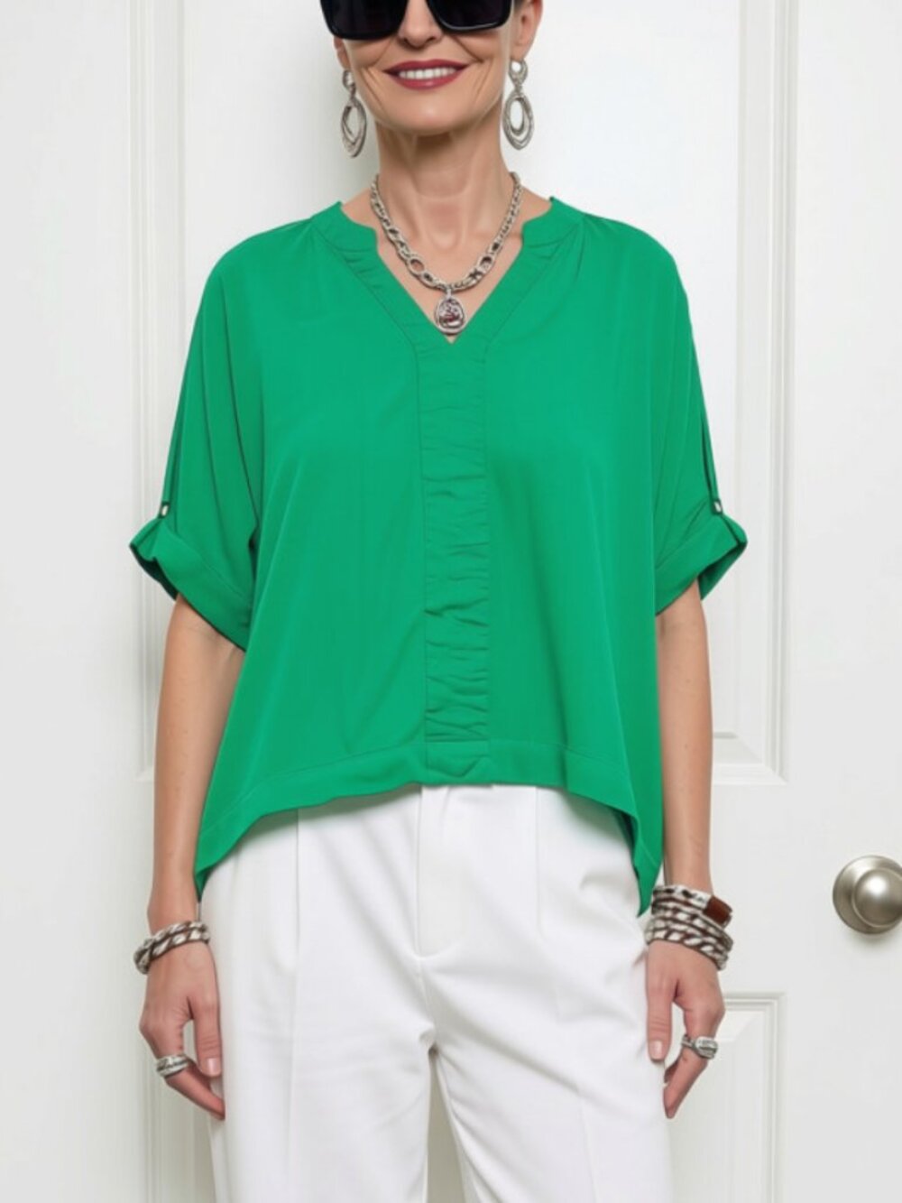 Jodifl Kelly Green V-Neck Roll Tab Sleeve Blouse Oversized Sz M